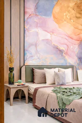 Modern bedroom with abstract pastel wallpaper and light wood paneling